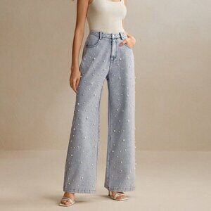 Teal Blue Casual Women's Pearl Decorated Denim Straight-Leg Pants